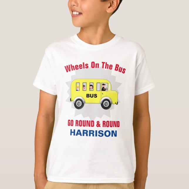 Wheels On The Bus Kids Cute Personalised T-Shirt (Front)