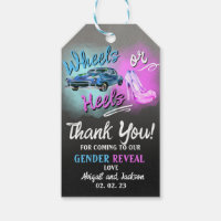 Wheels or Heels gender reveal favour tag.