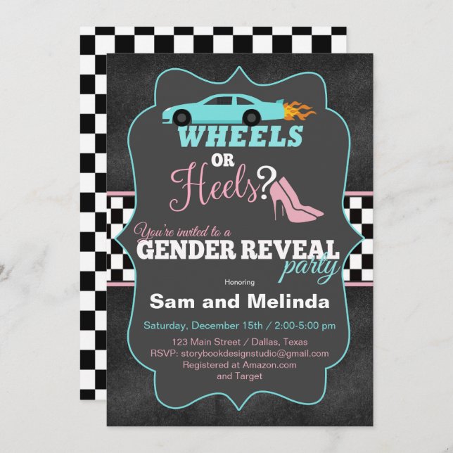 Wheels or Heels Gender Reveal Invitations (Front/Back)