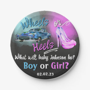 Wheels or Heels gender reveal paper plate. Paper Plate