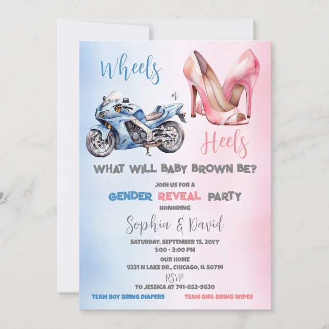 Wheels or Heels Gender Reveal Party Invitation (Front)