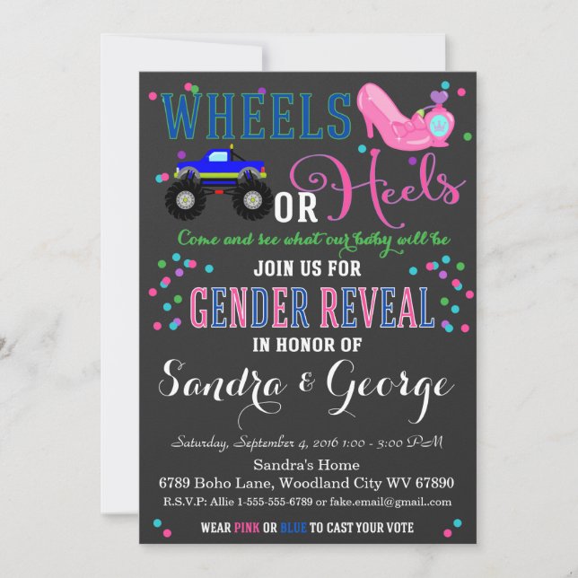 Wheels or Heels Gender Reveal Party Invitation (Front)