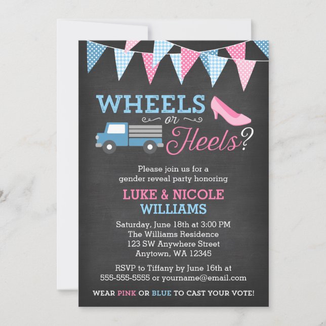 Wheels or Heels Gender Reveal Party Invitations (Front)