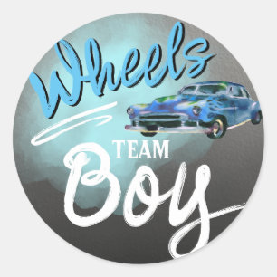 Wheels or Heels gender reveal round sticker. Classic Round Sticker