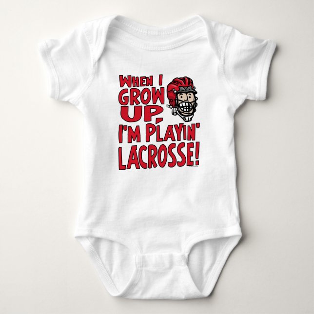 When I Grow Up I'm Playing Lacrosse Red Helmet Baby Bodysuit (Front)