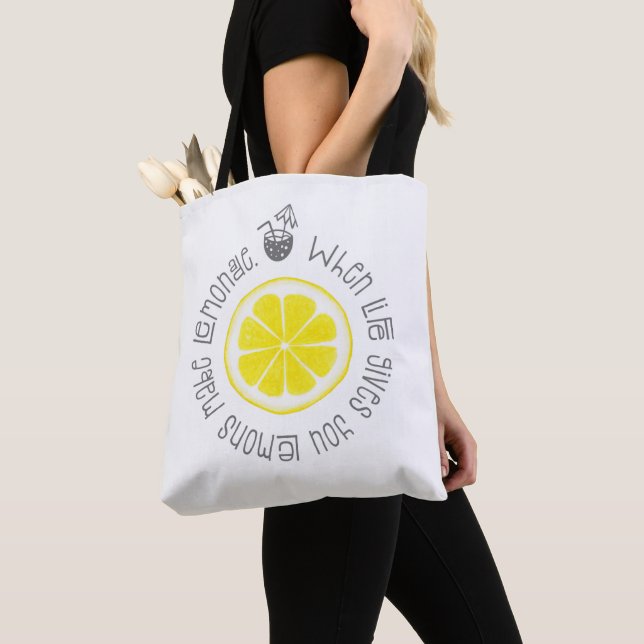 When Life Gives You Lemons Calligraphy Art Lemon Tote Bag (Close Up)