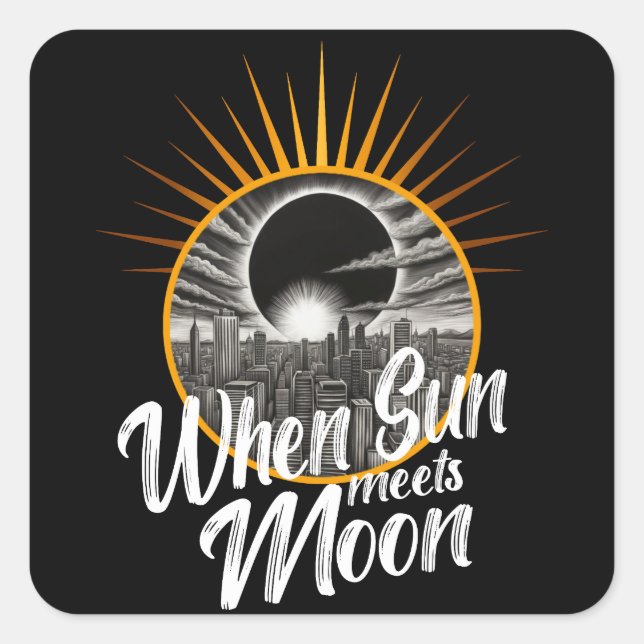When Sun Meets Moon, Black White Eclipse Square Sticker (Front)