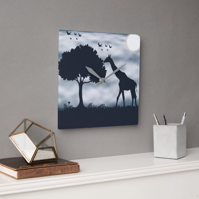 When the Moon Whispers to the Giraffe Square Wall Clock (Office)