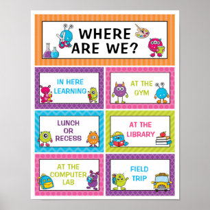 Where Are We Classroom Sign in Cute Monsters Theme