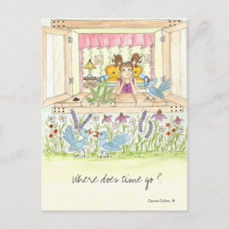 Where Does Time Go Little Girl in Window Postcard