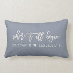Where it all began Script Dusty Blue Coordinates Lumbar Cushion<br><div class="desc">Moder, chic script typography design reading ' Where it all began ' over your custom coordinates of the place you met your loved one. Great gift for Valentine's Day, for newlyweds, or ( wedding ) anniversary. Both romantic and trendy stylish, our farmhouse style dusty blue and ivory cream pillow features...</div>