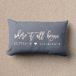 Where it all began Script Dusty Blue Coordinates Lumbar Cushion<br><div class="desc">Moder, chic script typography design reading ' Where it all began ' over your custom coordinates of the place you met your loved one. Great gift for Valentine's Day, for newlyweds, or ( wedding ) anniversary. Both romantic and trendy stylish, our farmhouse style dusty blue and ivory cream pillow features...</div>