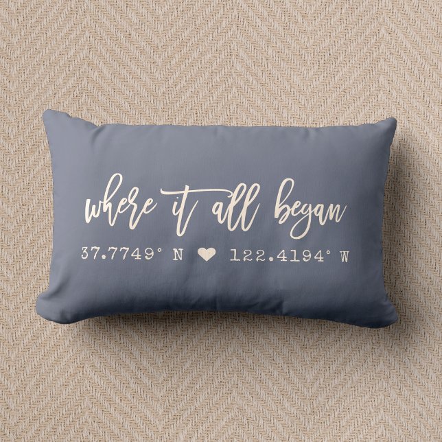 Where it all began Script Dusty Blue Coordinates Lumbar Cushion (Creator Uploaded)