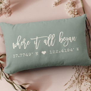 Where it all began Script Dusty Green Coordinates Lumbar Cushion