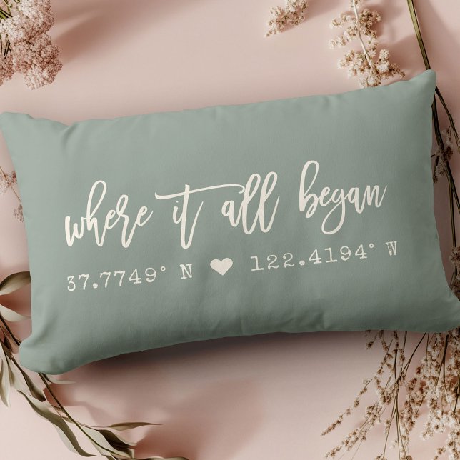 Where it all began Script Dusty Green Coordinates Lumbar Cushion (Creator Uploaded)