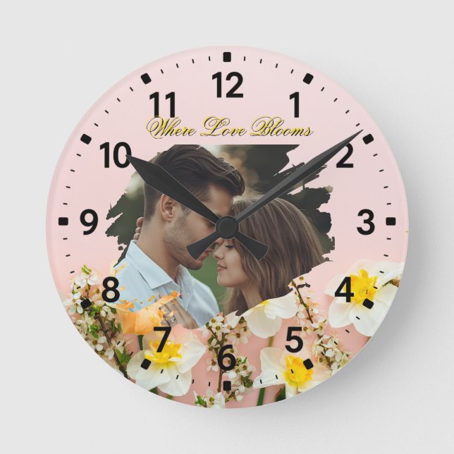 Where Love Blooms | Personalized Spring Romance  Round Clock (Front)