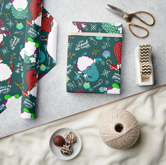 Where My Gnomies At? Wintergreen Christmas Gnome  Wrapping Paper (Crafts)