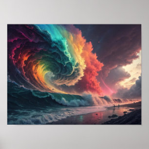Where Rainbow Waves Meet Fiery Skies Poster