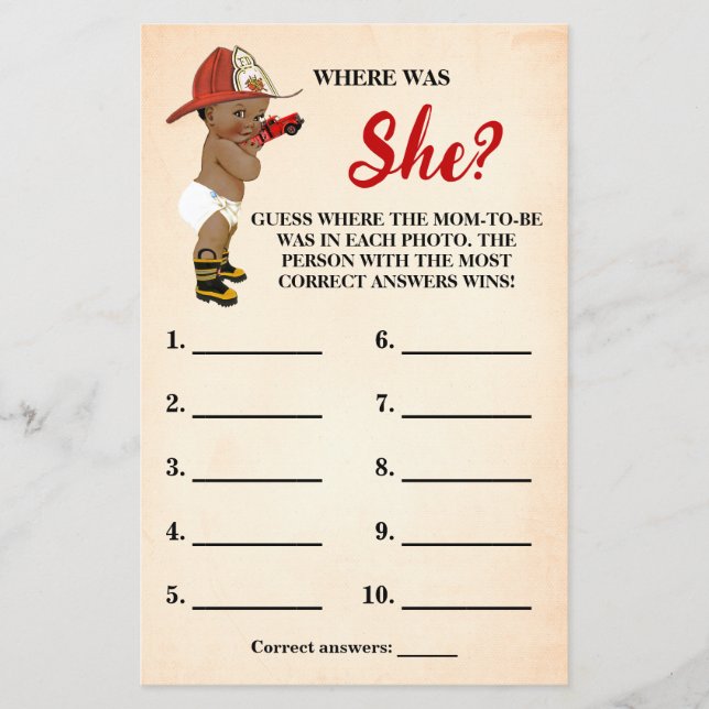 Where was Mum AA Fireman Baby Shower Game Card (Front)