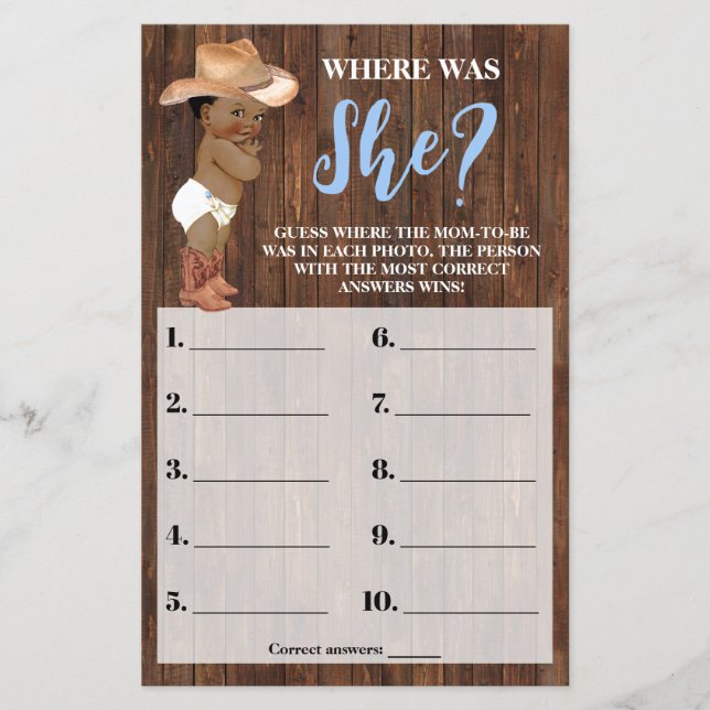Where was She AA Cowboy Baby Shower Game Card (Front)