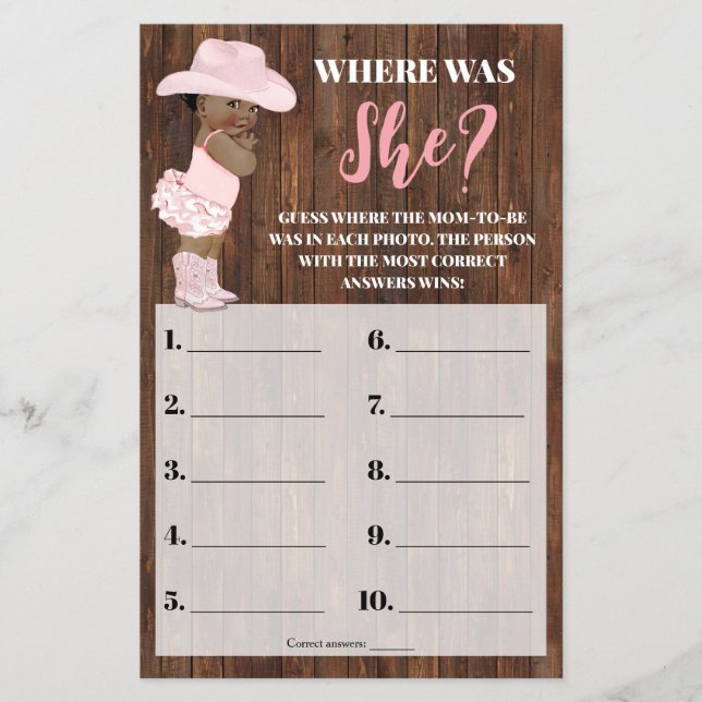Where was She AA Cowgirl Baby Shower Game Card (Front)