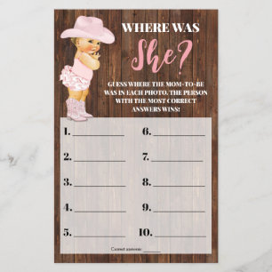 Where was She Pink Cowgirl Baby Shower Game Card