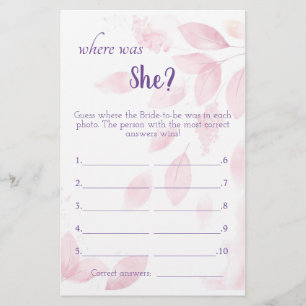 Where was She? - Pink Leaves Shower Game Card