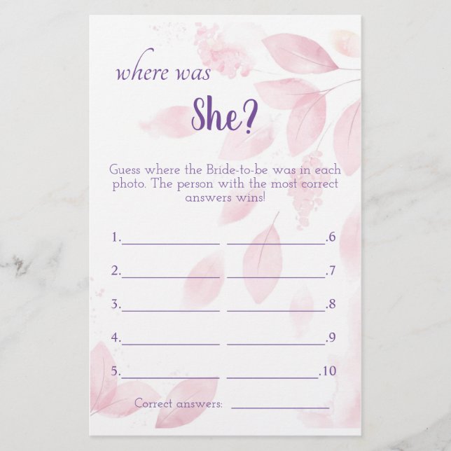 Where was She? - Pink Leaves Shower Game Card (Front)