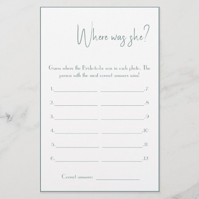 Where was She? Shower Game Card Flyer (Front)