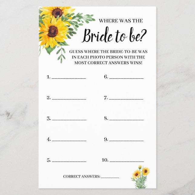 Where was the Bride Sunflowers Shower Game Card (Front)