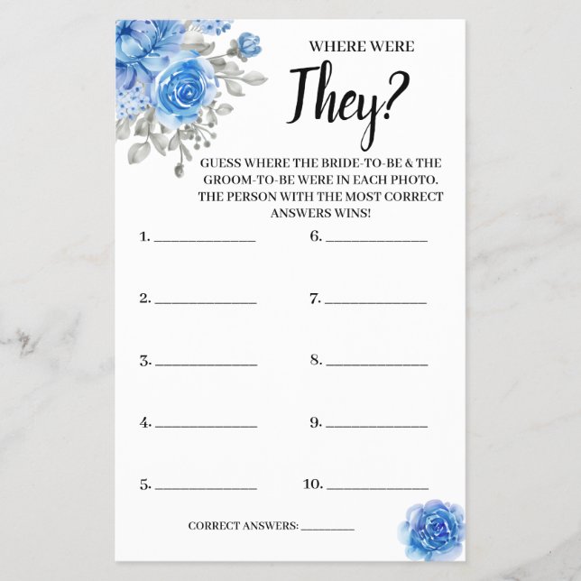 Where were They BlueFlower Bridal Shower Game Card (Front)
