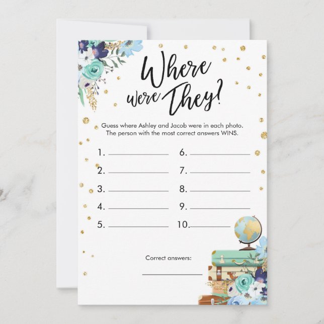 Where Were They Bridal Shower Game Travel Blue Invitation (Front)