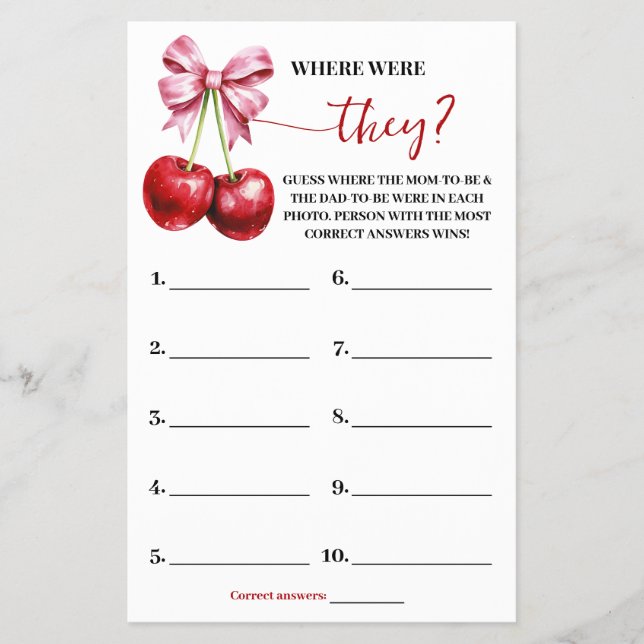 Where were They Cherry Baby Shower Game Card (Front)