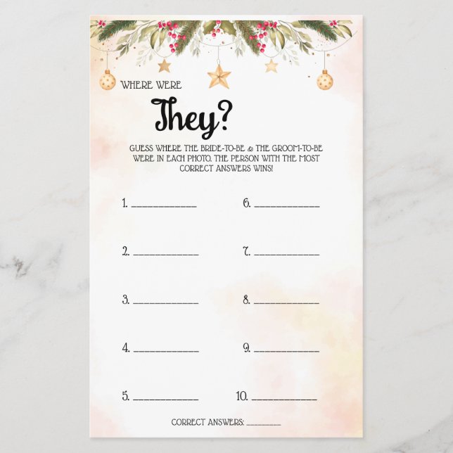Where were They Christmas Bridal Shower Game Card  (Front)