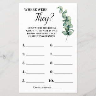 Where were They Eucalyptus Bridal Shower Game Card