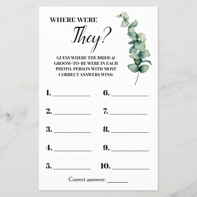 Where were They Eucalyptus Bridal Shower Game Card (Front)