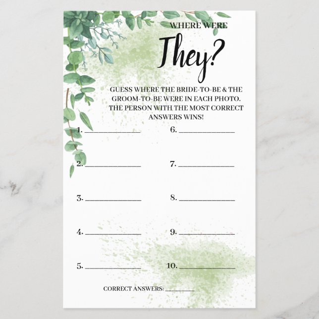 Where were They Eucalyptus Bridal Shower Game Card (Front)