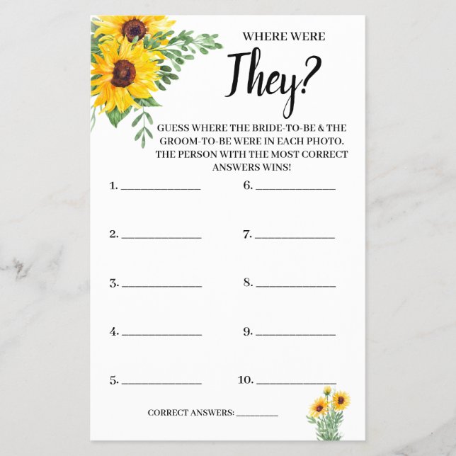 Where were They Sunflowers Bridal Shower Game Card (Front)