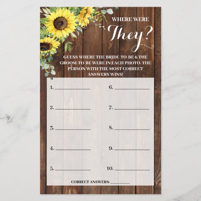 Where were They Sunflowers Bridal Shower Game Card (Front)