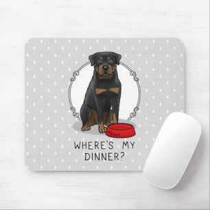 Where's My Dinner? Rottweiler with Red Dog Dish Mouse Pad