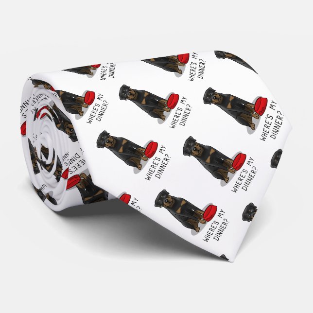 Where's My Dinner? Rottweiler with Red Dog Dish Tie (Rolled)