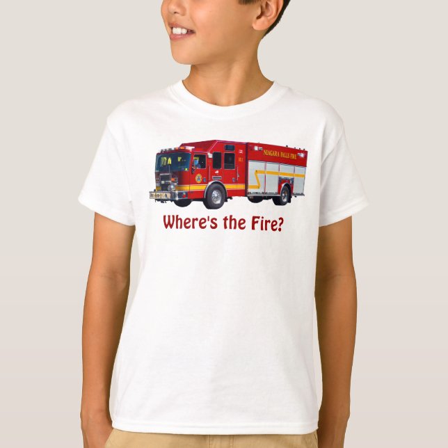 "Where's the Fire?" Red Fire Engine Fun T-Shirt (Front)