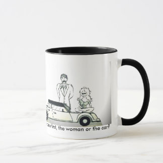 Which came first, the woman or the car? mug