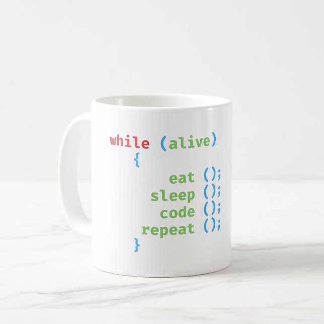 while alive - eat sleep code repeat - Coding Pun Coffee Mug (Front Left)