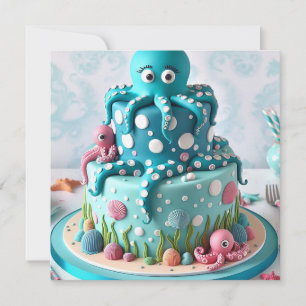 WHIMISCAL BLUE OCTOPUS THEMED BIRTHDAY CAKE  INVITATION