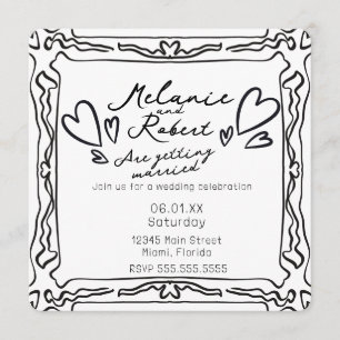 Whimiscal Cute Doodles Black White Frame Wedding Invitation