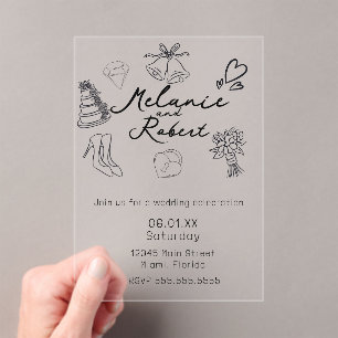 Whimiscal Cute Doodles Black White Wedding Acrylic Invitations