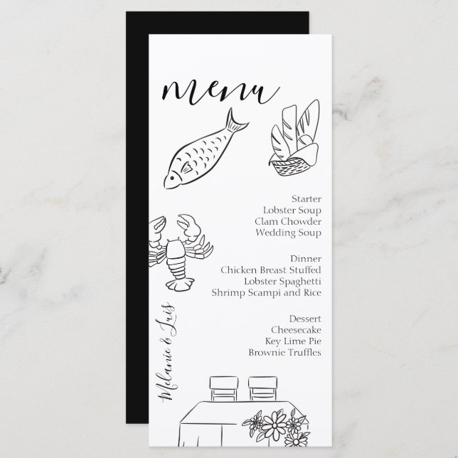 Whimiscal Doodle Black White Heart Wedding Menu  (Front/Back)