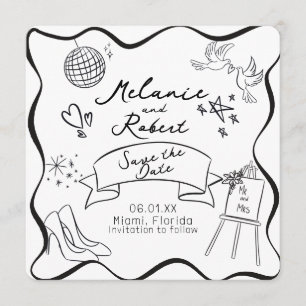 Whimiscal Doodles Black White Frame Save the Date Invitation