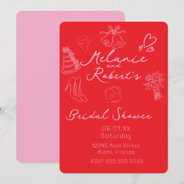 Whimiscal Doodles Bright Pink Bridal Shower  Save The Date (Front/Back)